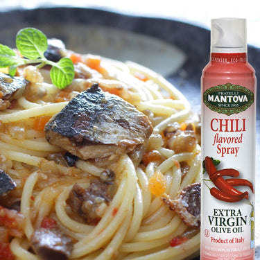 Mantova Chili Flavored Extra Virgin Olive Oil Spray, heart-healthy cooking spray perfect for salads, pasta sauces, or grilling, 100% natural cooking oil made in Italy, olive oil dispenser bottle sprays, drips, or streams with no waste, 8 oz